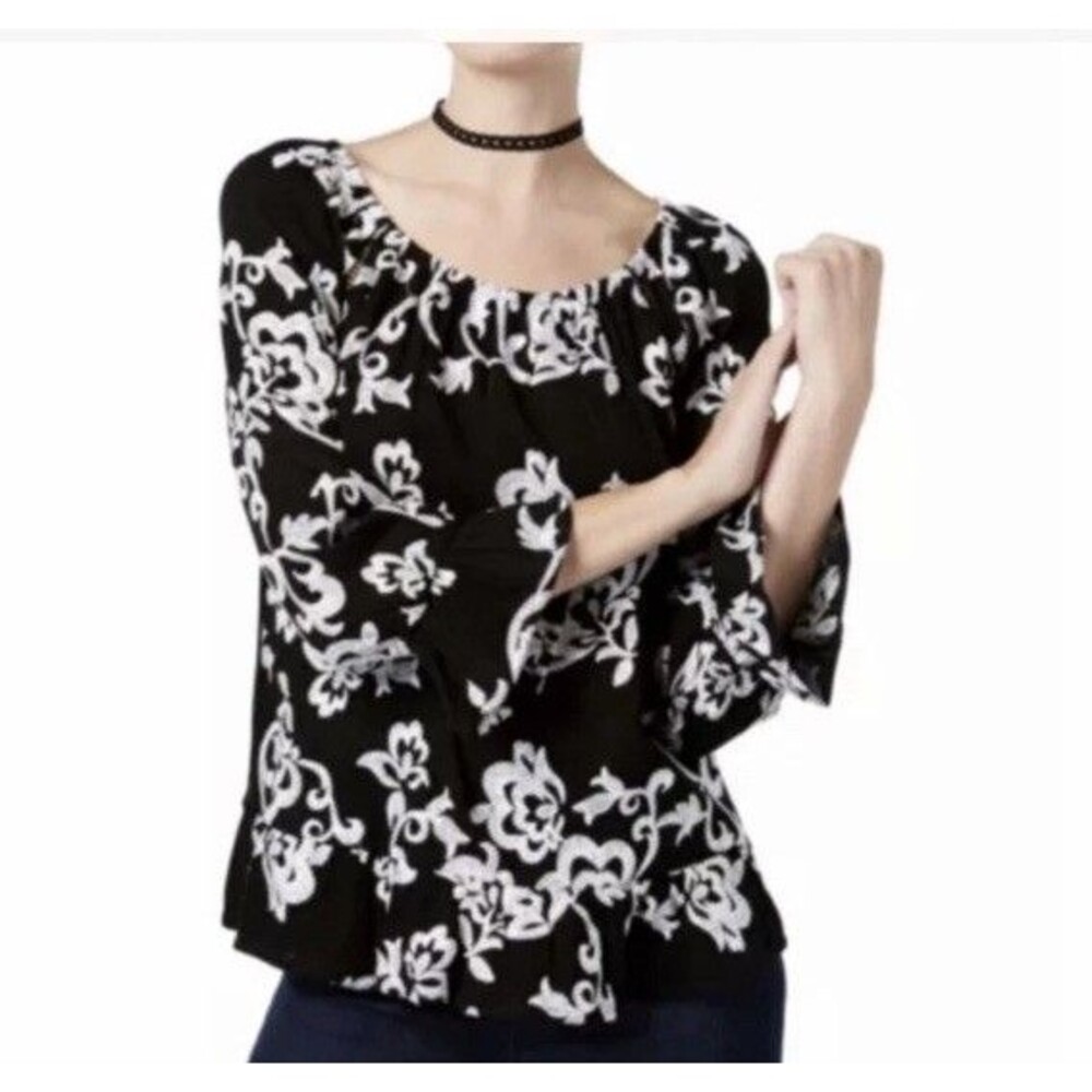 Inc International Concepts Floral Waves Black-White Embroidered Top Size M